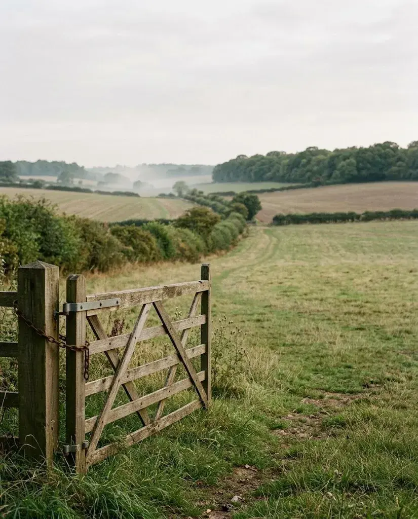 A field gate standing open onto rough grazing, with a farm track leading away over the hill
